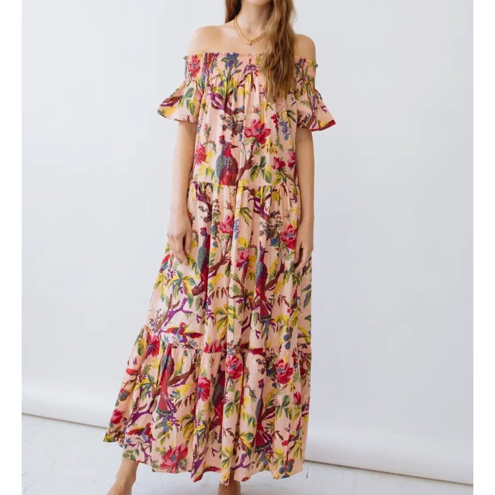 Guadalupe Design Momposina Maxi Dress Peach Floral Off Shoulder Boho One Size